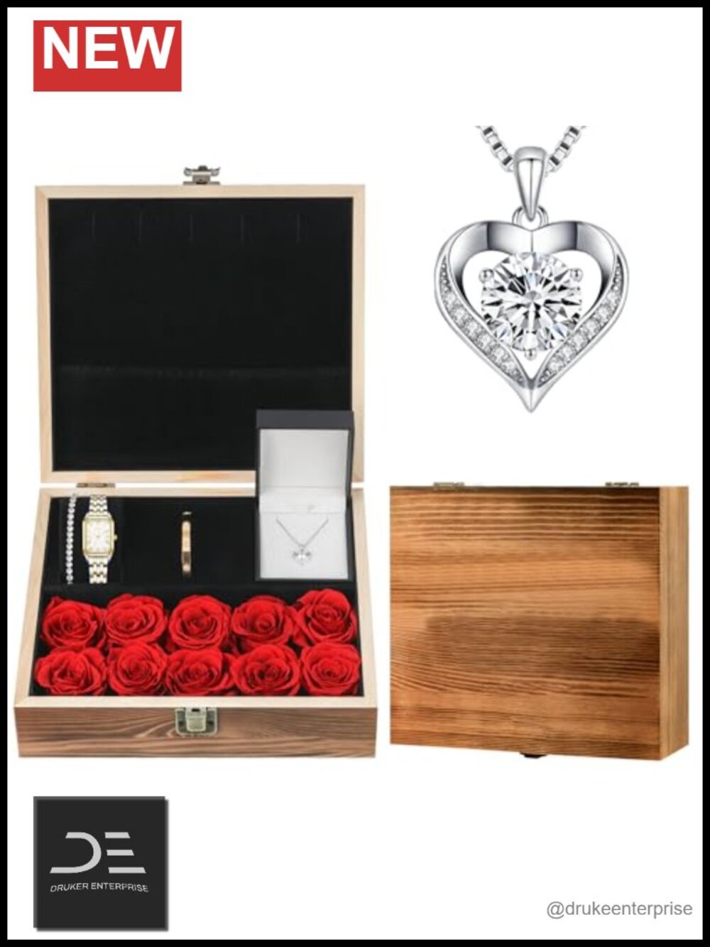 Luxury Jewelry Gift Set Silver Watch Necklace Bracelet Preserved Roses